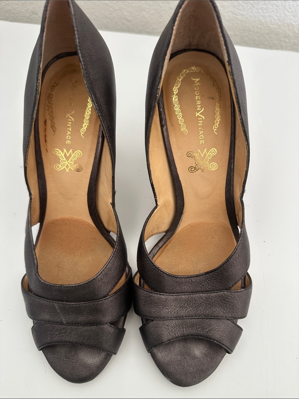 Modern Vintage Dark Brown Peep-Toe Layered Strap Heels